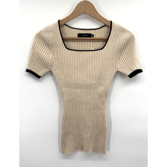 Zesica Tops - Y2K Womens Small Top Tan Ribbed Knit Slim 90s Fit Square Neck Black Trim Layers